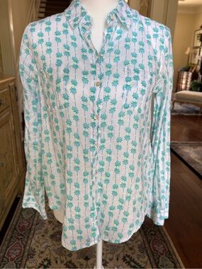 Lilly Pulitzer White Button-Down Shirt with Teal Palm Print